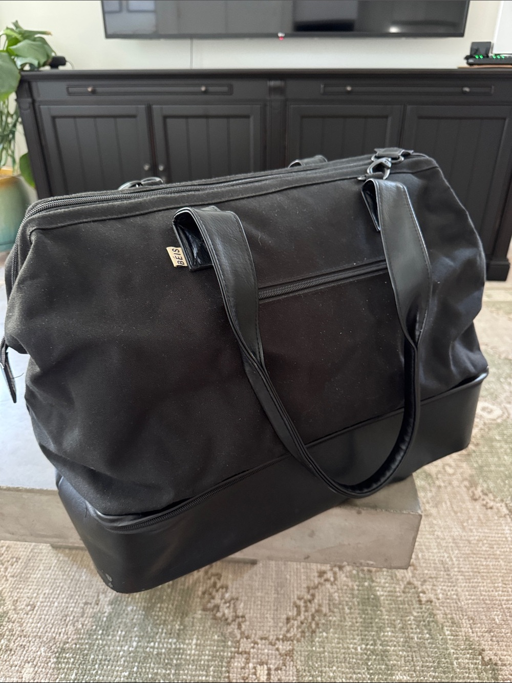BEIS Black “The Weekender” Duffel with Leather-Look Trim